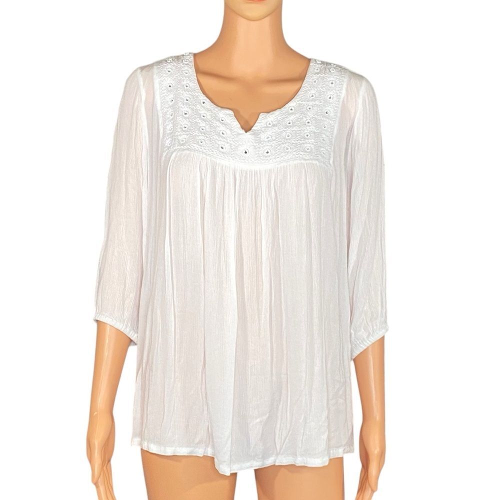 Style & Co Cottagecore Top Peasant Blouse Lightweight Gauzy Eyelet Lace SZ PM